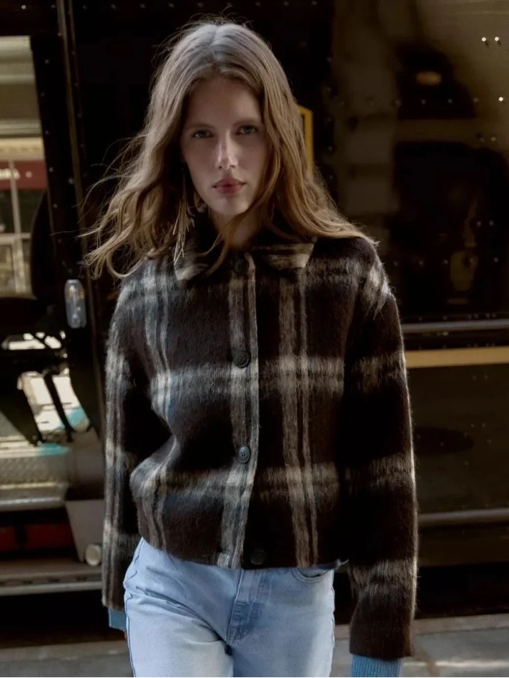 NWT. Zara Brown/Tan 30% Wool Brushed Effect Plaid Jacket. Size S.